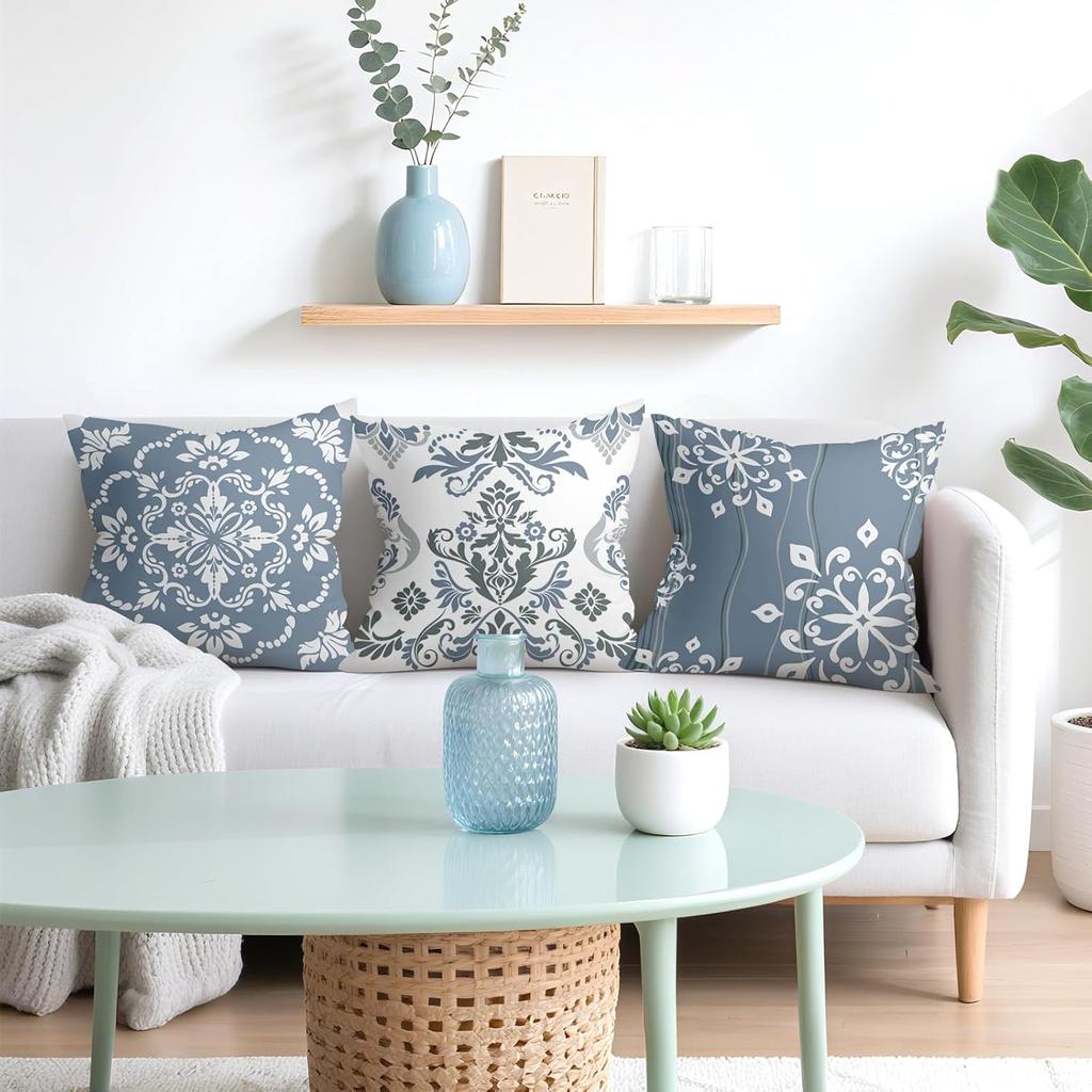 4 Stück Blau-Graue Damast-Kissenbezüge, Vintage Florale Kissenhüllen für Sofa Schlafzimmer Wohnzimmer Heimdekoration 45x45cm