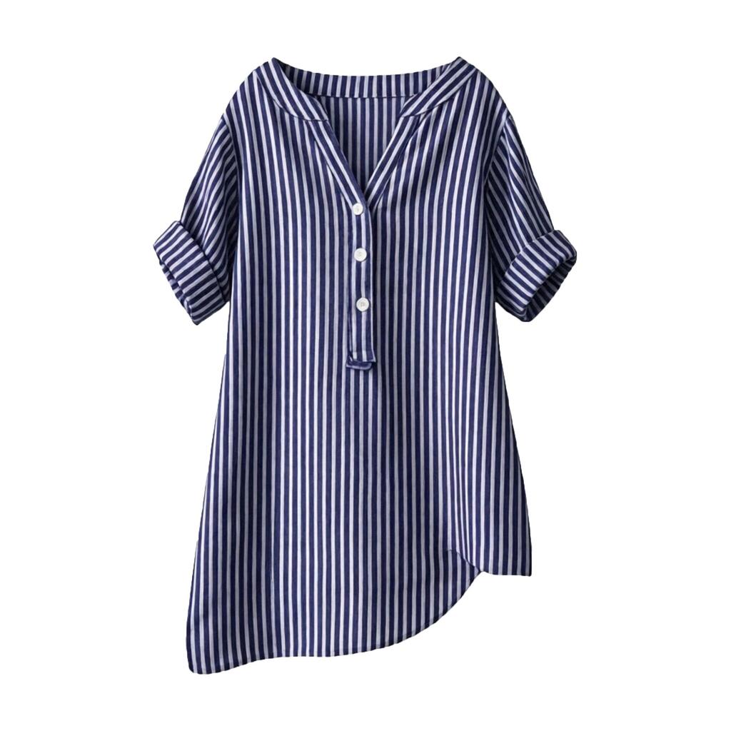 Women’s Short Sleeve Vertical Stripe V Neck Button Down Casual Relaxed Fit Blouse Lightweight Summer Top