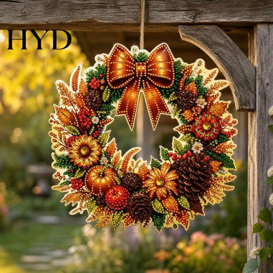 Party Decoration Accessory Fall Pumpkin Sunflower Wreath Hanging Decor, Acrylic Hand Painted High-Quality Material Window Ornament,
