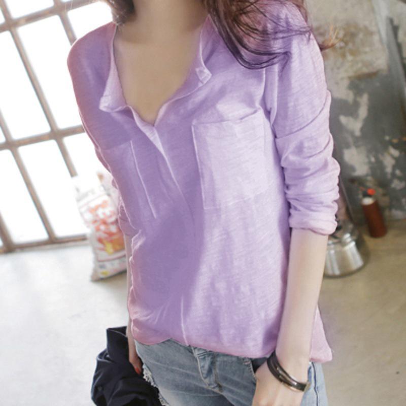 

Women s V-Neck Long-Sleeve Bamboo Cotton Pocket Tee - Autumn Collection, Loose Fit, Solid Color XL светло-фиолетовый