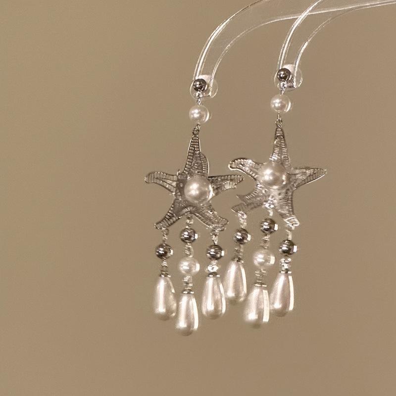 Silver Needle Pearl Starfish Water Drop Tassel Earrings Individual Cold Wind Temperament Earrings Light Luxury Premium Earrings