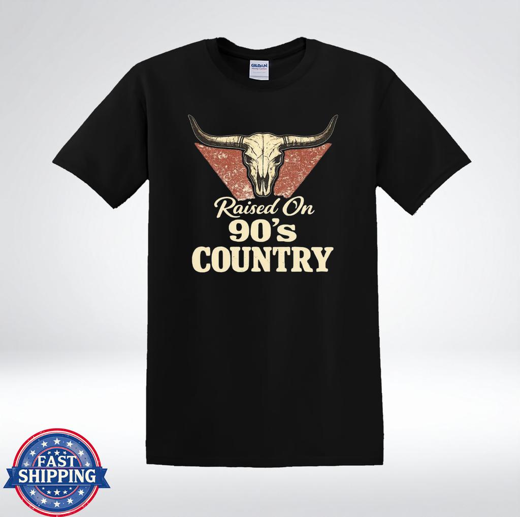 Raised On 90s Country Shirt Vintage Bull Skull Western Cowboy T-Shirt