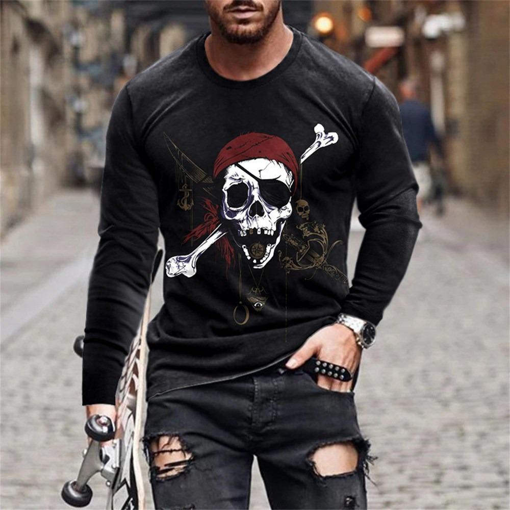 O-Neck Long Sleeve Plus Size T-shirt Men's Clothing Retro Men's Long Sleeve T-shirt 3D Printing Skull Long T-shirt Men's Street