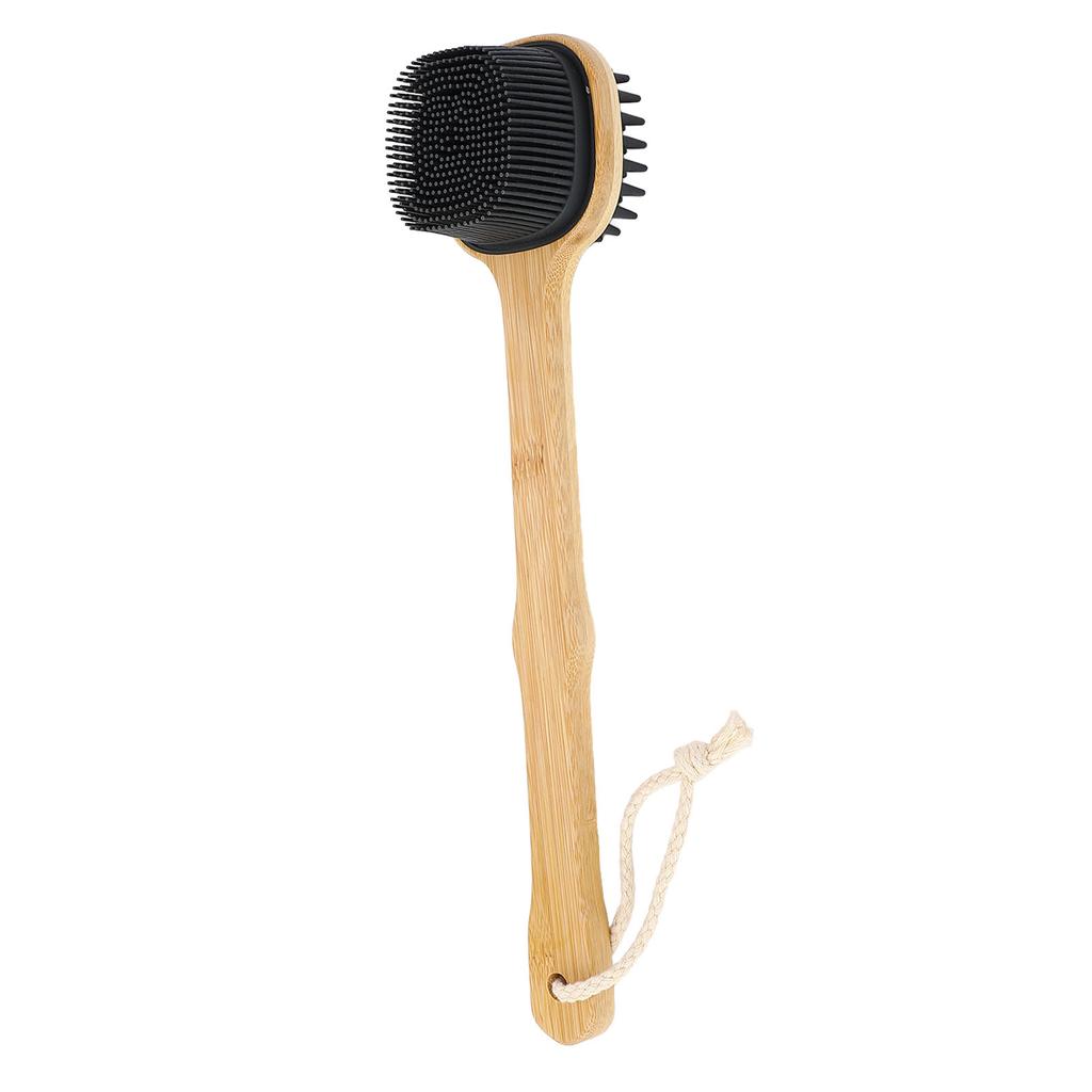 Bath Brush Double Sided Silicone Bristle Shower Brush Bamboo Wood Long Handle Back Scrubber Brush wi
