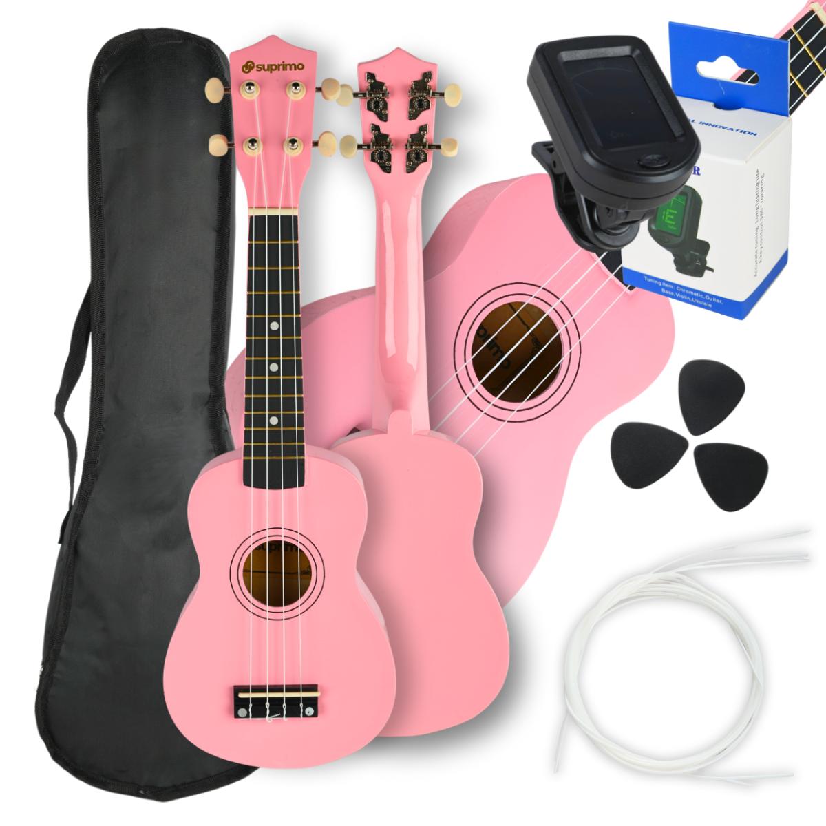 Suprimo Uk21 Set Pk Ukulele Sopran 21  Rosa Holz Tasche 3 Plektren Ersatzsaiten Stimmgerät Set Für Kinder Zum Lernen