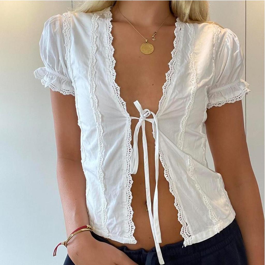 Women's Summer Tie-Up Lace Cropped Cardigan Shirt (SU3338)