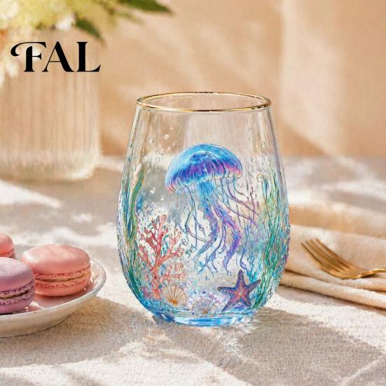 Safe Drinking Glassware Ocean-Themed Glass Cup, Jellyfish/Dolphins/Sea Turtles/Octopus Hand-Painted, Thickened Decorative Barware for Restaurants