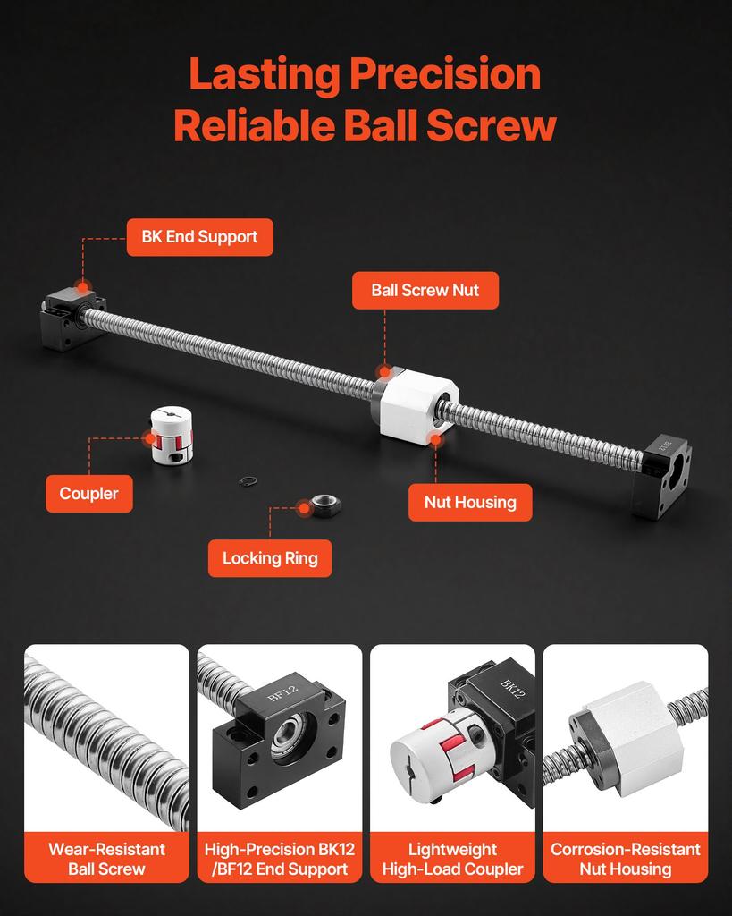 VEVOR Linear Rail Guide Kit, HGR20, 2PCS 600 mm (23.62 inch) Linear Rails and 1PCS Ball Screw, 4PCS Slide Blocks, with BF12/BK12 End Support