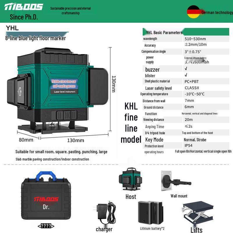 12-Line Green Laser Level with Infrared, Outdoor Strobe, Wall & Floor Mount, Automatic Leveling, Water-Resistant