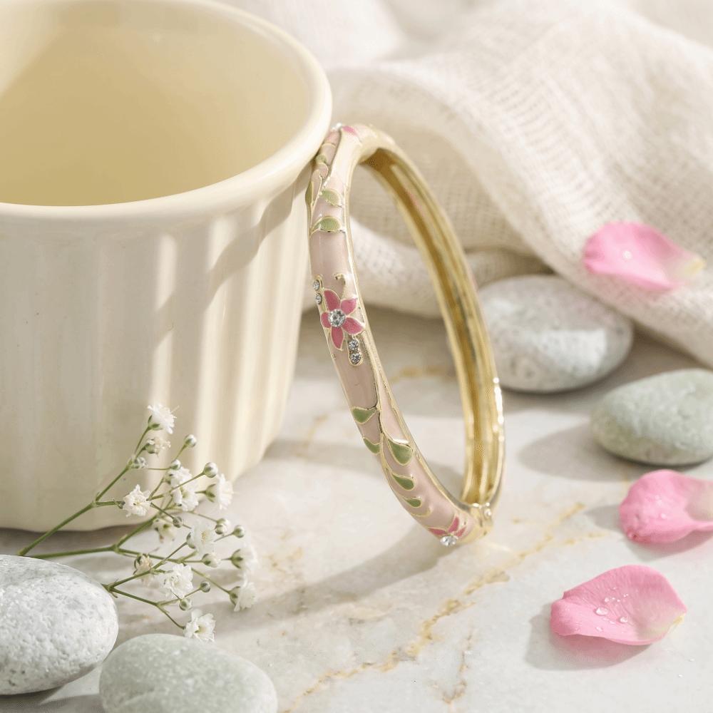 Gold Plated Enamel Bangle Bracelet Retro Light Luxury Flower Enamel Bangle Traditional Chinese
