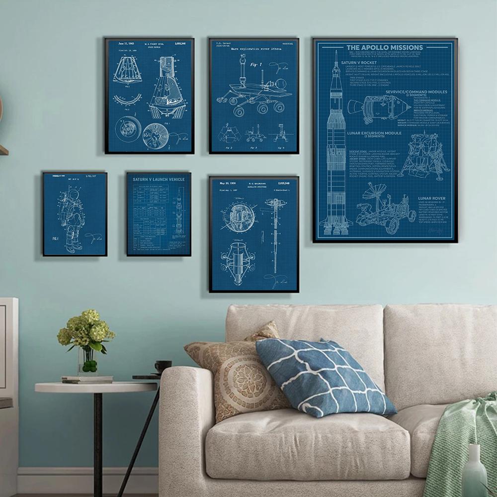 Saturn V Apollo Rakete NASA Weltraumforschung Patent Diagramm Blaupause Büro Poster Wand Kunst Leinwand Druck für Home Office Deco