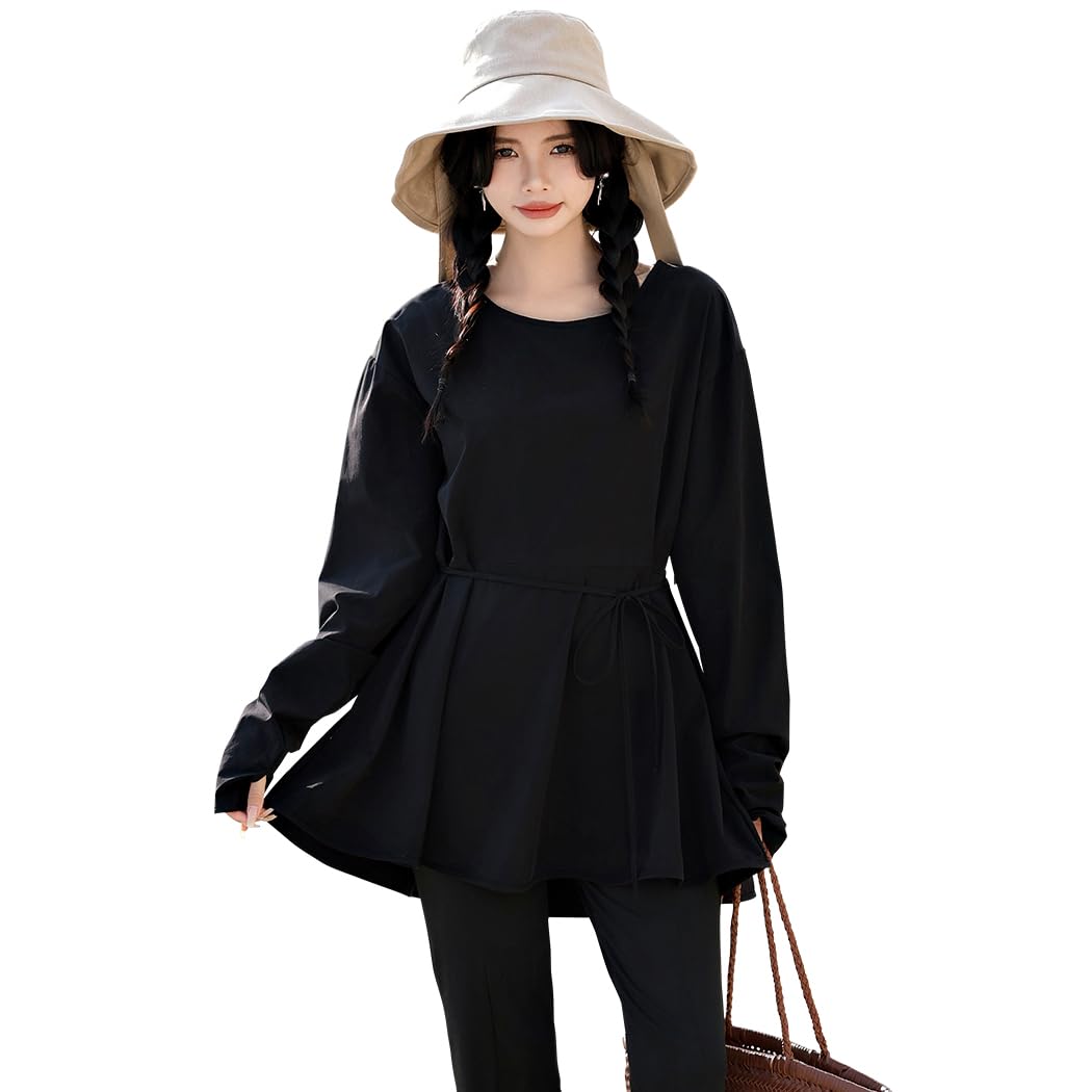 

Teddy Women s Long Sleeve Rash Guard, 2-Piece Set, Peplum Design, UPF 50+, Amphibious, Sun Protection, Cooling Touch, rashguard052, M, Black