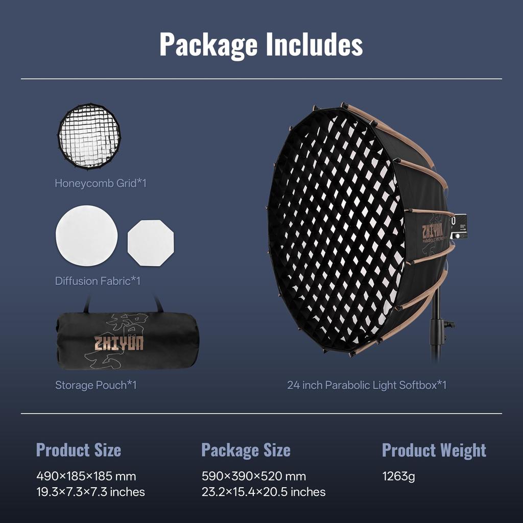 Japanese ZHIYUN Lighting Accessory Parabolic Softbox 60D EX1H06 with Bowens Radial Approximately 60cm Diameter Includes Honeycomb Grid [Official