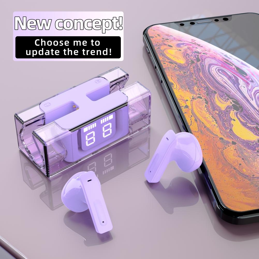 

E90 Transparent Design TWS Wireless Bluetooth-compatible 5.3 Earphone Digital Display Stereo Music Touch Headset Purple
