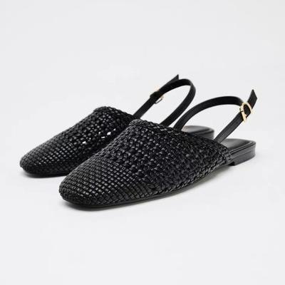 Retro Runde Spitze Geflochtenes Design Damen Flache Sandalen Atmungsaktiv Ausgeschnitten Schwarz Urlaubsstrand Mules Schuhe Damen Sommer Fußbekleidung