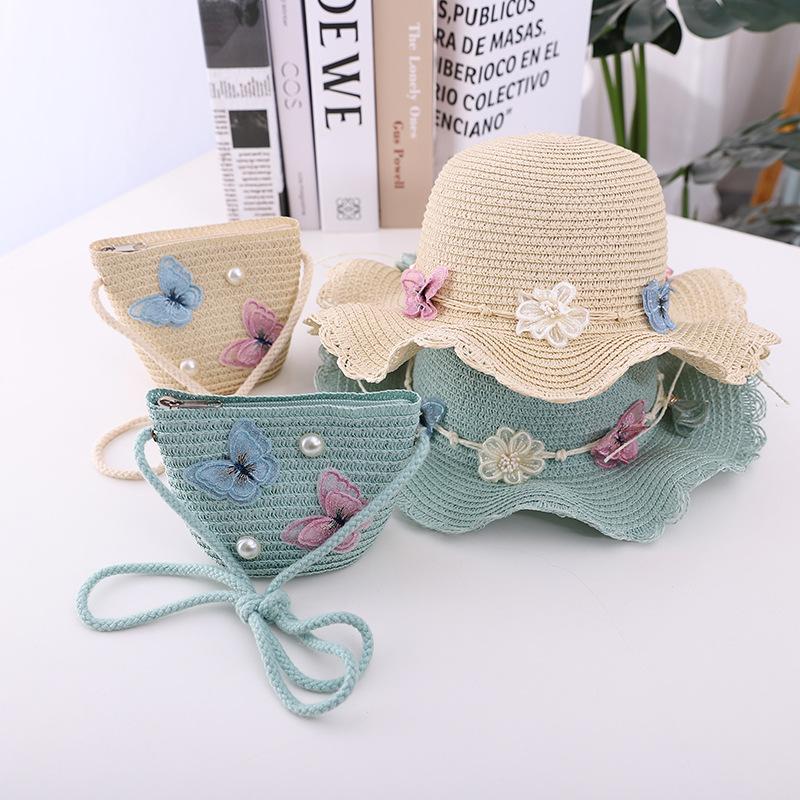 Summer Girl Princess 2pcs a Sets Sun Hat +bags Child Baby Casual Beach Butterfly Panama Caps for Holiday Party