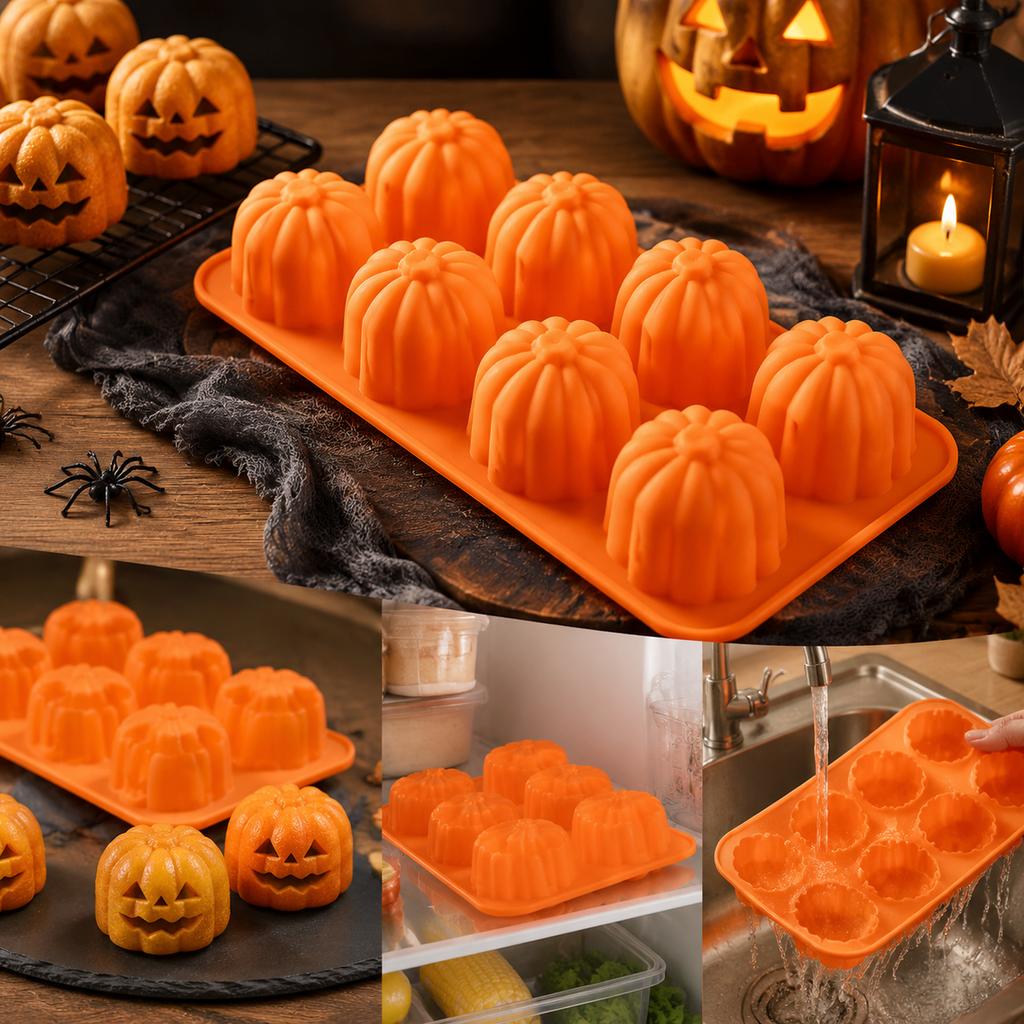 Halloween Pumpkin Silicone Mold, 8-Cavity Orange Baking Form for Cakes, Jelly, Chocolate and DIY Treats