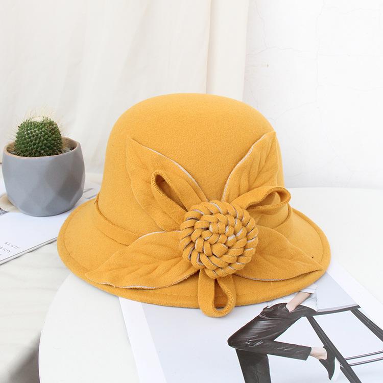 2022 Autumn And Winter Woolen Hat Women'S Casual Wide-Brimmed Top Hat, Flower Dome Fashion Hat