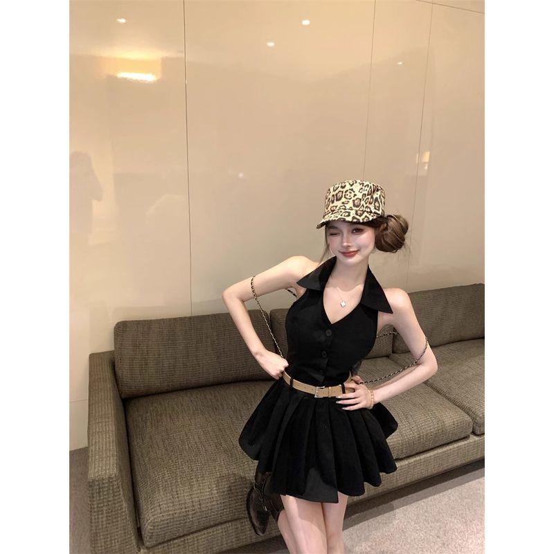 

Kumikumi Design Yellow Hanging Neck Sleeveless One piece Dress Women clothing Summer Niche Chic Slimming Sexy Short dress Black M