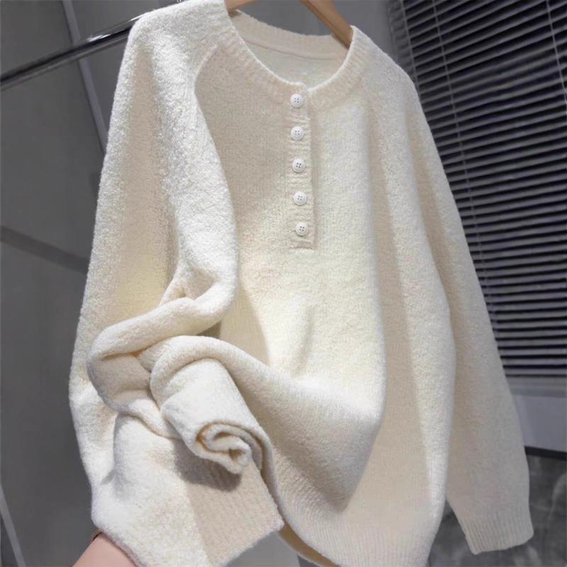 

Fire white button design cashmere sweater women s autumn and winter round neck pullover loose outer top XL белый
