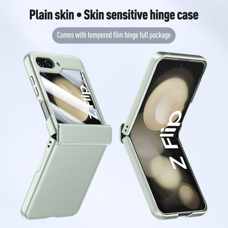 For Galaxy Flip5 5G Luxury Leather Tempered Glass Film Case for Samsung Galaxy Z Flip 5 Flip5 Hinge Protection Cover Capa