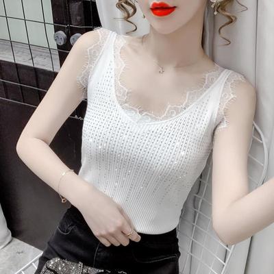 Women Spring Summer Curly Beads Lace V Neck Knit Camisole Sleeveless Diamond Outer Wear Tank Tops