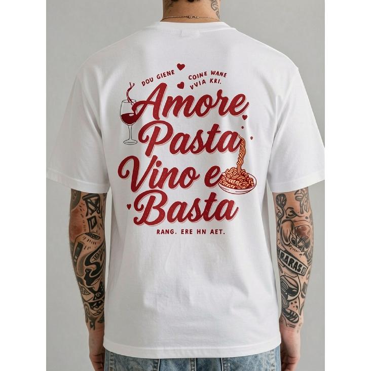 Men'S Italian And Wine T-Shirt - Pasta Print with Italian Phrases 'Amore Pasta, Vino E Basta' - Casual Short Sleeve Shirt, Relaxed Fit Gift for Pasta
