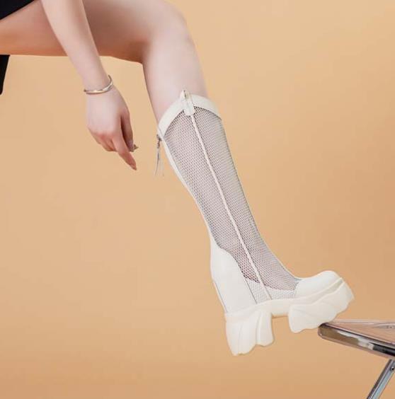 Fashion Hot Quality 11CM Air Mesh Ankle Boots Microfiber Leather Summer Fashion Shoes Knee High Boots Platform Wedge Flats Sandals Women
