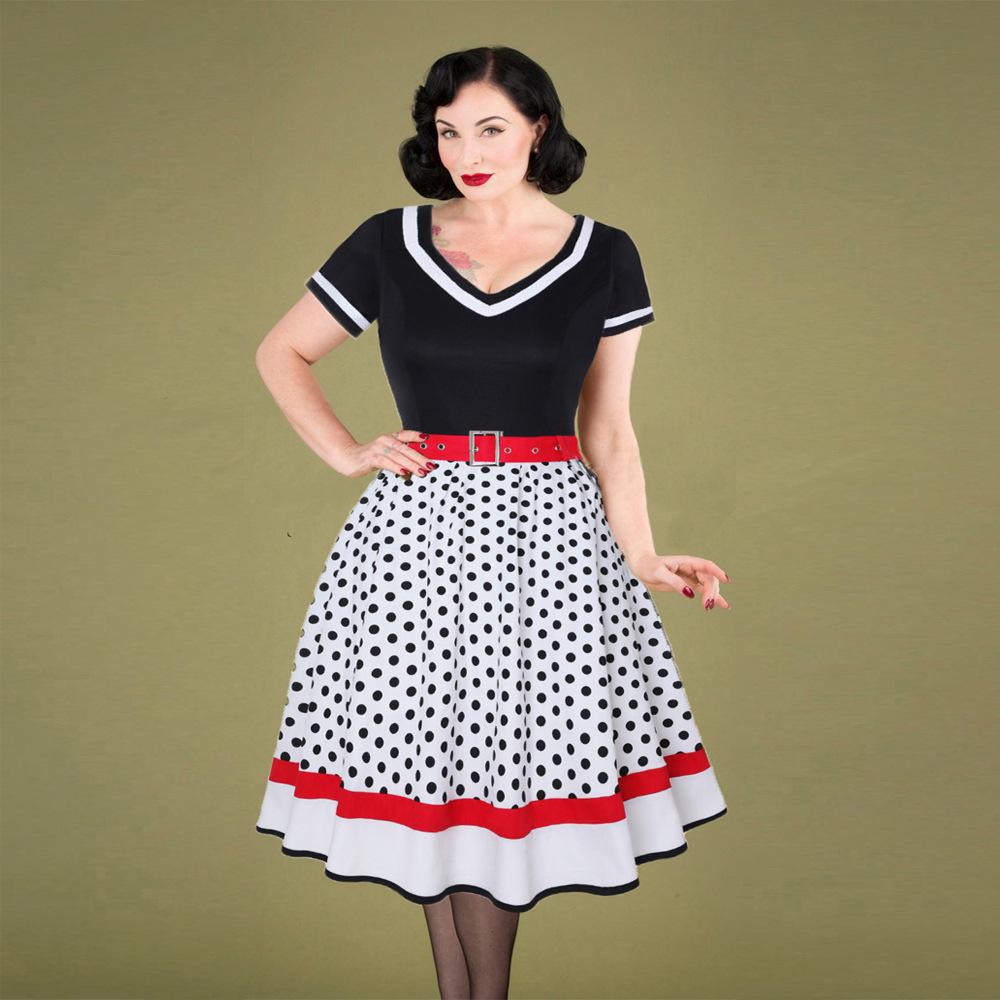 Retro Hepburn Stil Gepunktetes Baumwollkleid mit V-Ausschnitt und breitem Saum