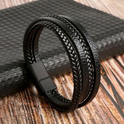 Bracciale classico in pelle intrecciata a mano Bracciale in pelle dal design multistrato alla moda per uomo Accessori per gioielli punk