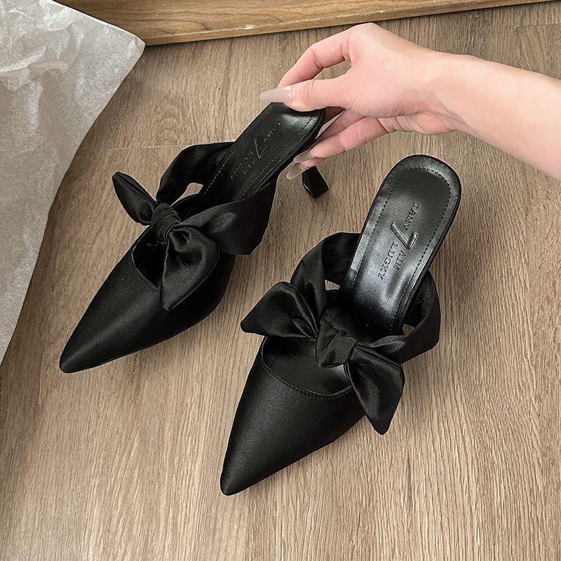 Thin heel height increase 2025 summer new bow pointed head bag head cool slippers women's niche going out high value slippers
