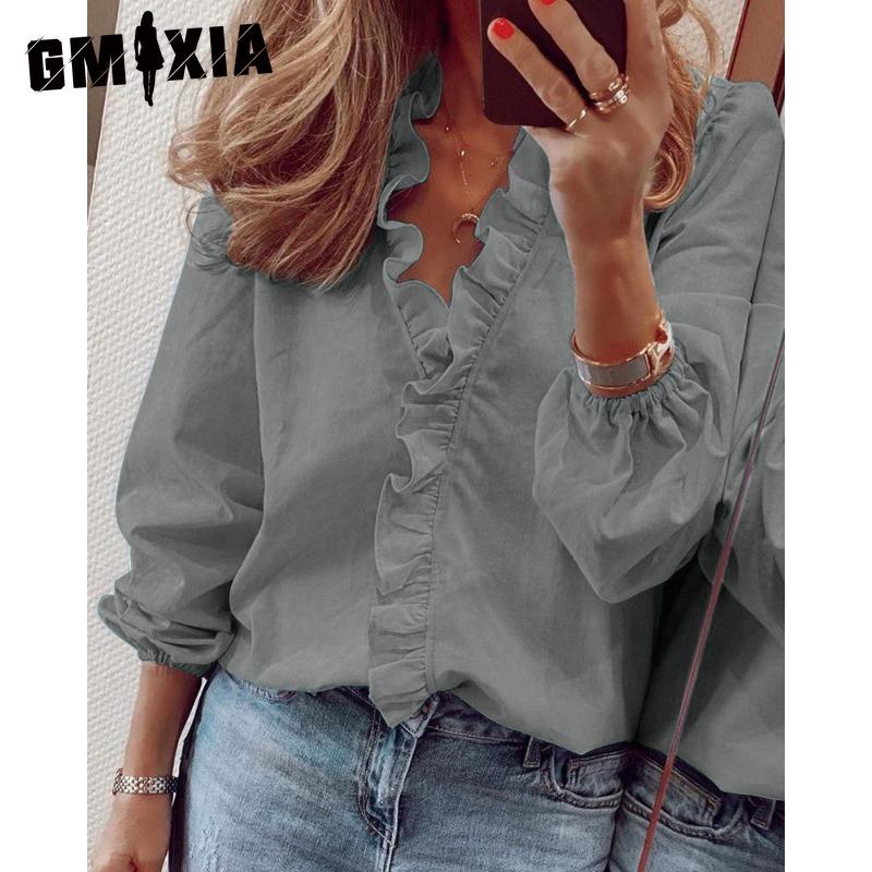 GMXIA Women's Fashion Casual Solid Color Print Long Sleeve V Neck Blouses & Shirts