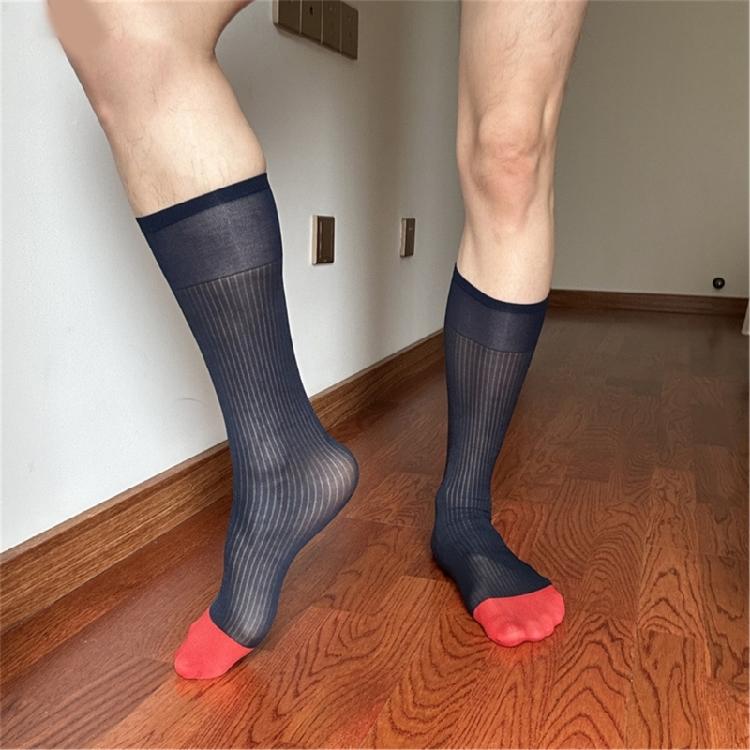 Chaussettes pour homme à rayures contrastées, transparentes, style costume, haute élasticité, confortables, respirantes, ultra fines, au-dessus du mollet, pour le travail