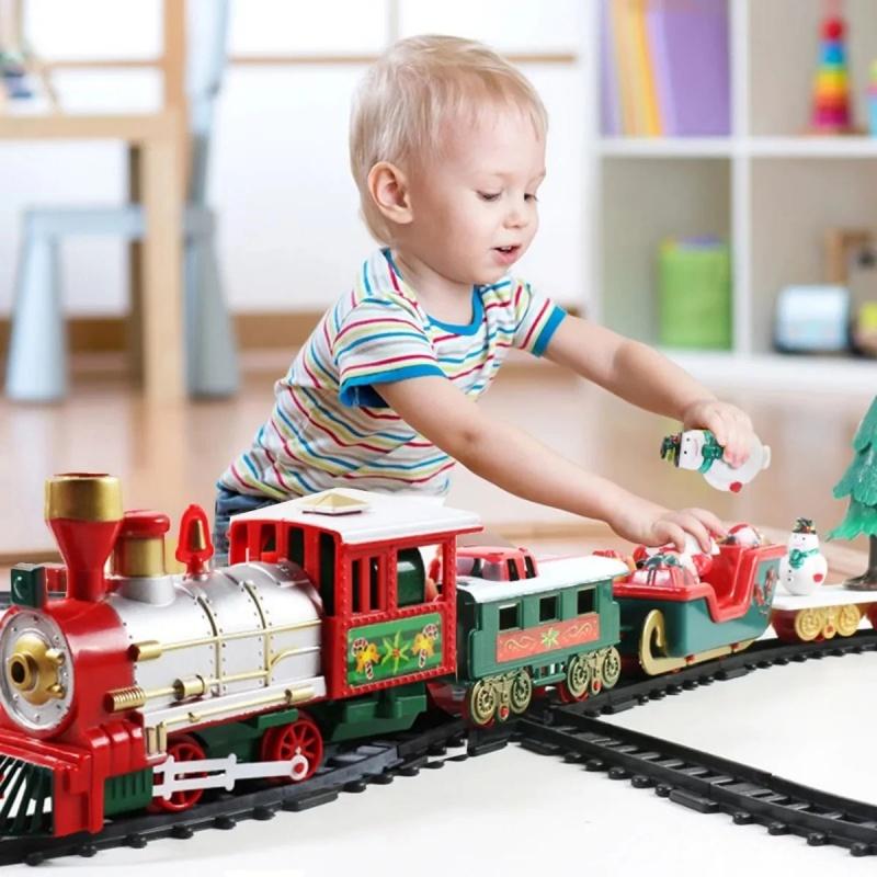 Electric Christmas Train Set Electric Engine Railway Track Playset With Music Santa Claus Sleigh Snowman Carriage Christmas Gift