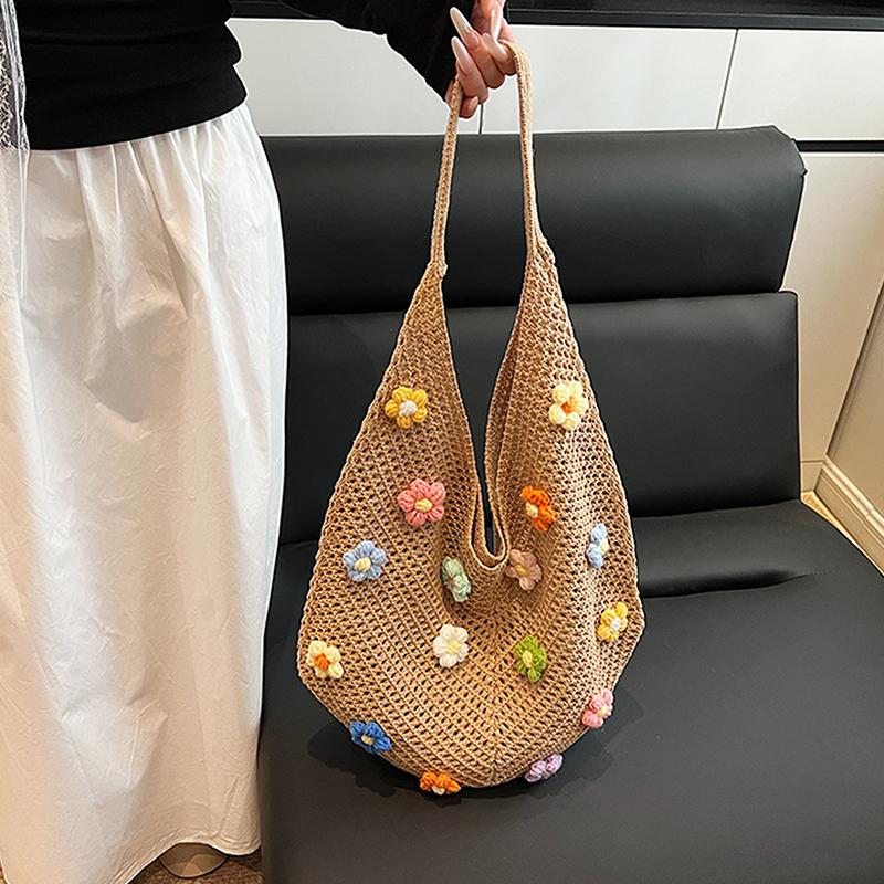 Women Flower Knitted Shoulder Bag  Handbag Lightweight Crochet Tote Bag Casual Top Handle Bag Outdoor Travel Bag