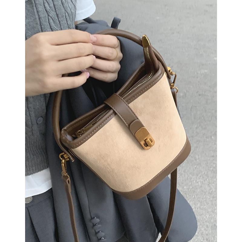 Tooxika Women's New Fashion Suede Handbag Retro Bucket Bag Simple Versatile Shoulder Bag Messenger Bag