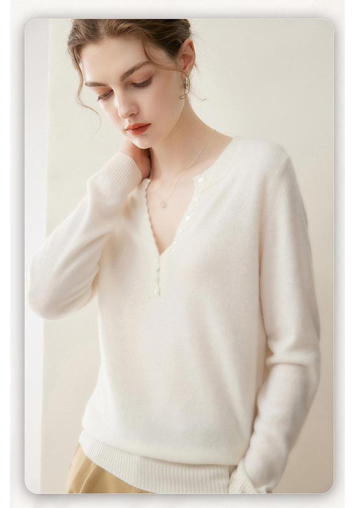 Women's Pure Cashmere Scissor Collar Knit Sweater - Autumn/Winter Loose Pullover Base Layer