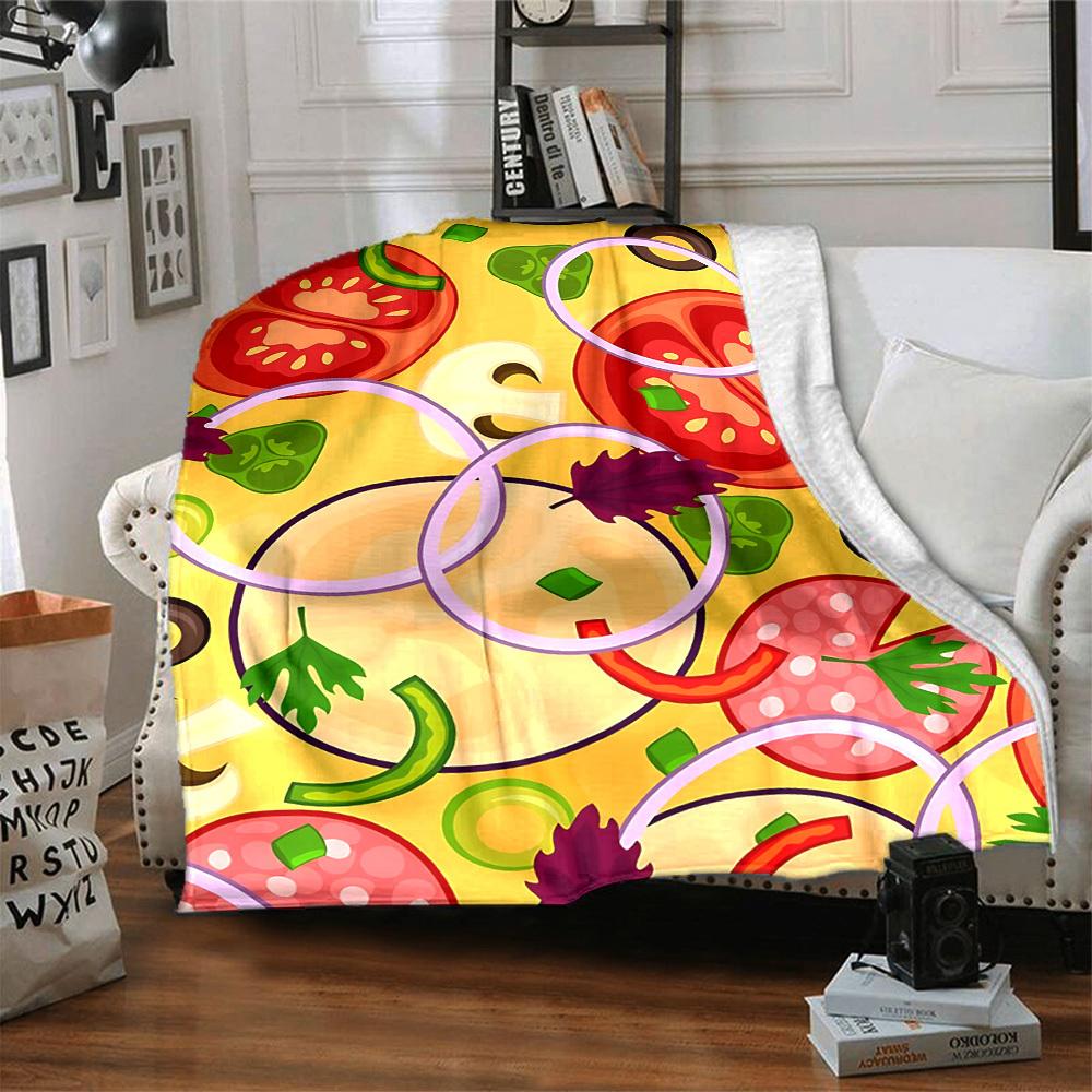 1pc Pizza Ingredients Print Blanket   Lightweight Flannel Throw Blanket For Sofa, Bed, Living Room, Office, Outdoor Travel, Camping