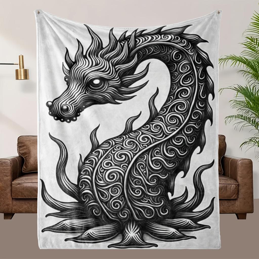 1pz Coperta Drago - Morbido Plaid in Flanella con Design Drago Nero, Copriletto o Copridivano Accogliente per Tutte le Stagioni, Lavabile in Lavatrice