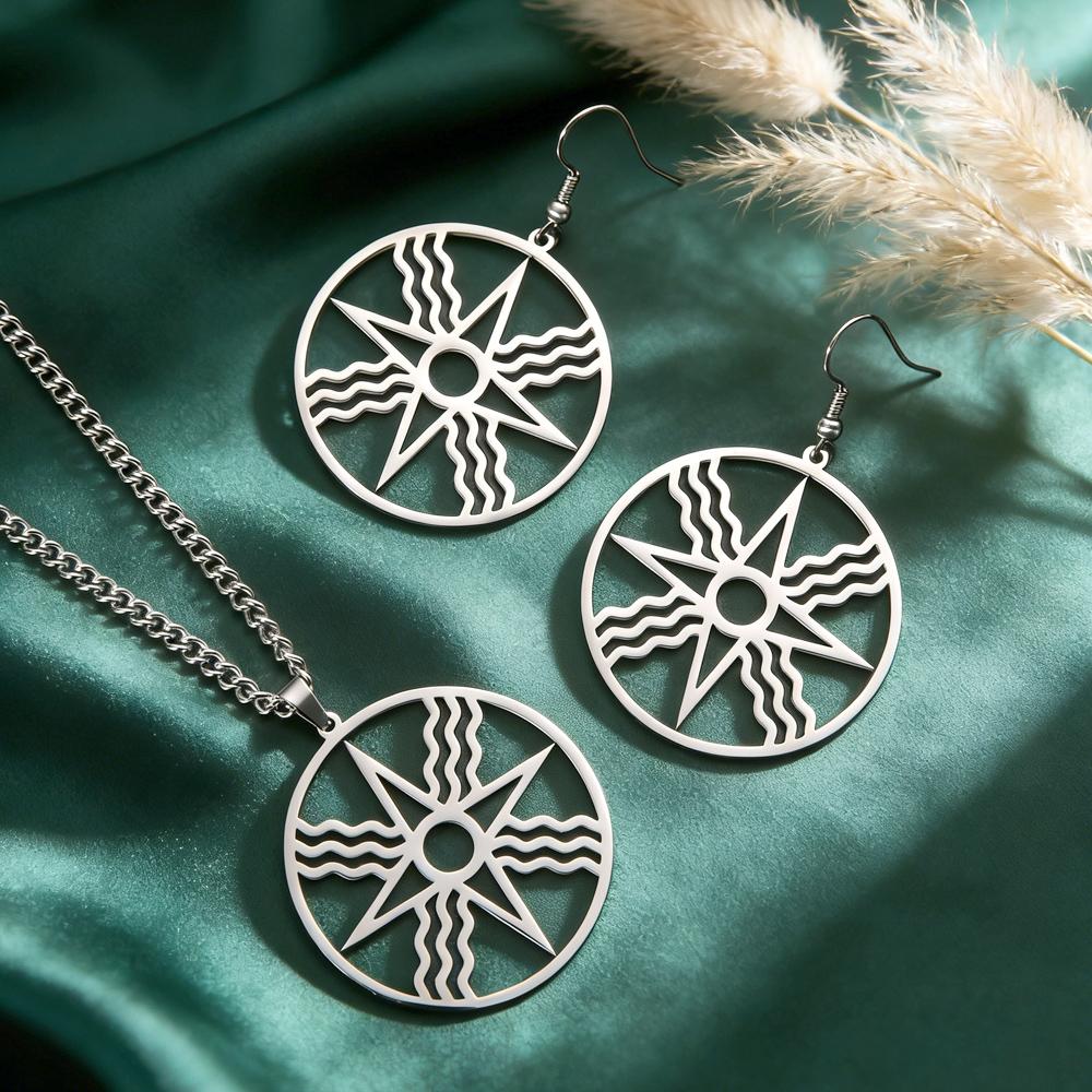 Dawapara Assyrian Star Necklace Earrings Jewelry Set Mesopotamian Sun Symbol Star of Shamash Pendant Stainless Steel Jewellery