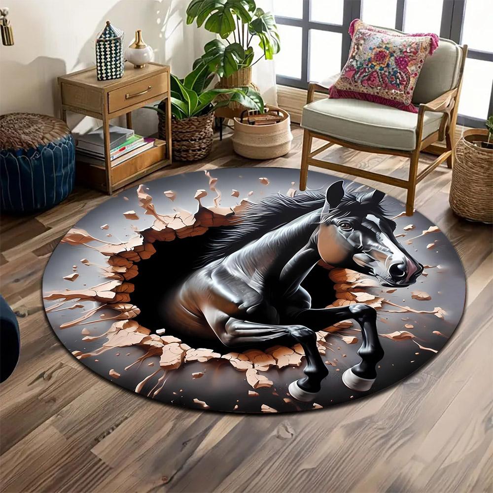 "Dynamic Black Horse Breaks Wall" Print round rug, living room, bedroom, playroom carpet, non slip floor mat, gift