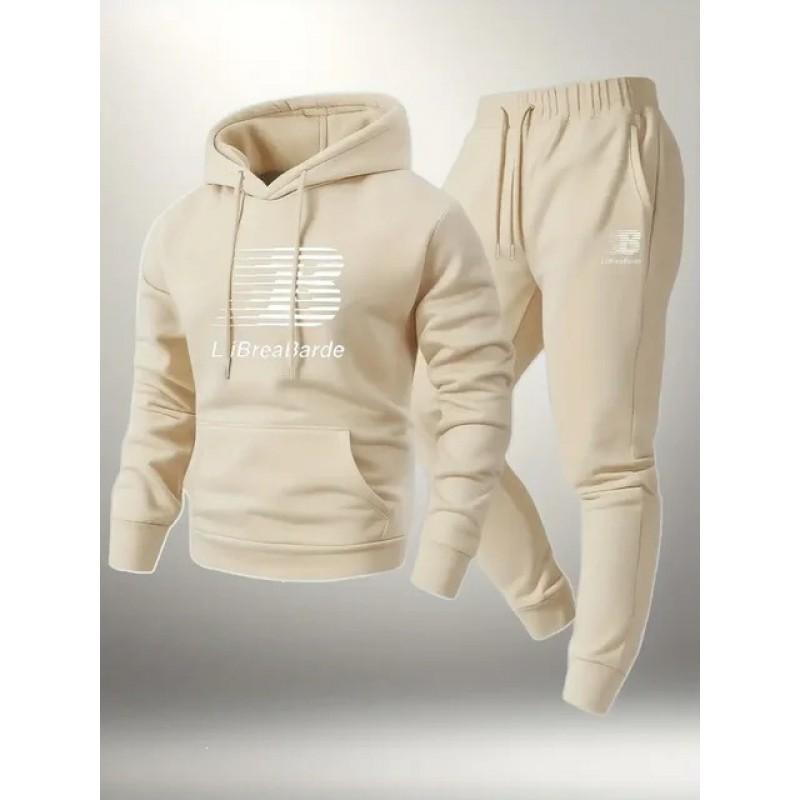Herren Buchstabendruck Kapuzen-Trainingsanzug Langarm Pullover Sweatshirt Kordelzug Laufhose Winter Freizeit Sportbekleidung