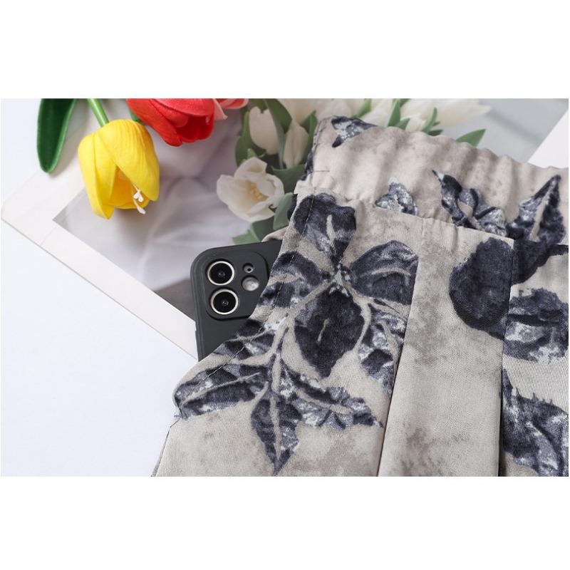 Women Floral Print Wide Leg Cropped Pants Elastic Waist Casual Summer Trousers