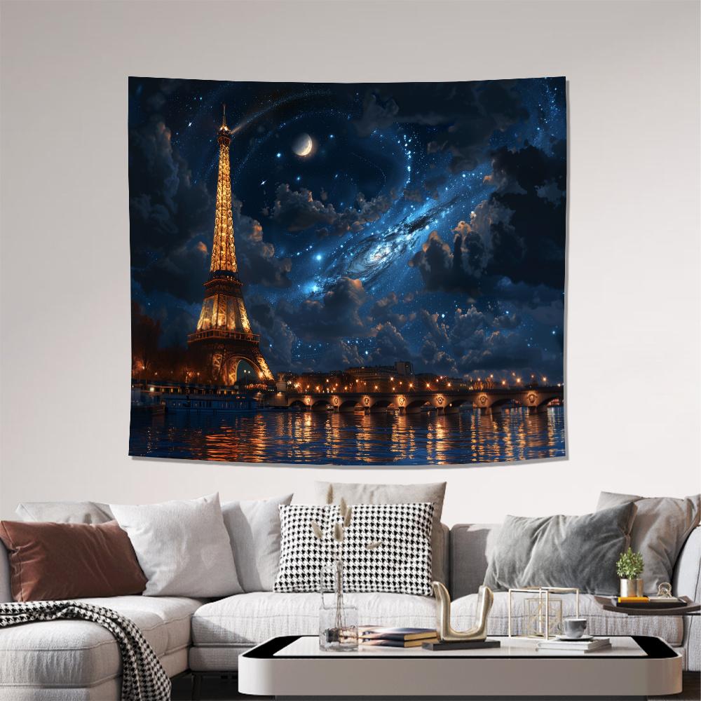 Eiffel Tower Night Sky Tapestry 2D Digital Print Polyester Wall Hanging Living Room Bedroom Office Decor with Hooks