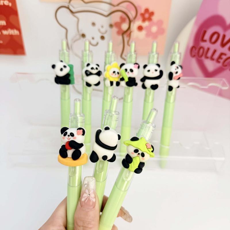 10Pcs Cute Panda Neutral Pen for Students, Cartoon Patch, Wind-pressed Erasable Pen, Patch Pen Creative Stationery