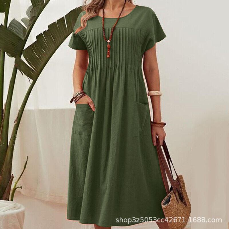 Nouvelle robe d'été grande taille pour femme, décontractée, col rond, avec poches, coupe ample, en coton et lin