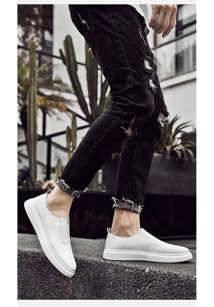 Men's Plus Size White Leather Loafers - Hand-Stitched Slip-On Cowhide Casual Shoes