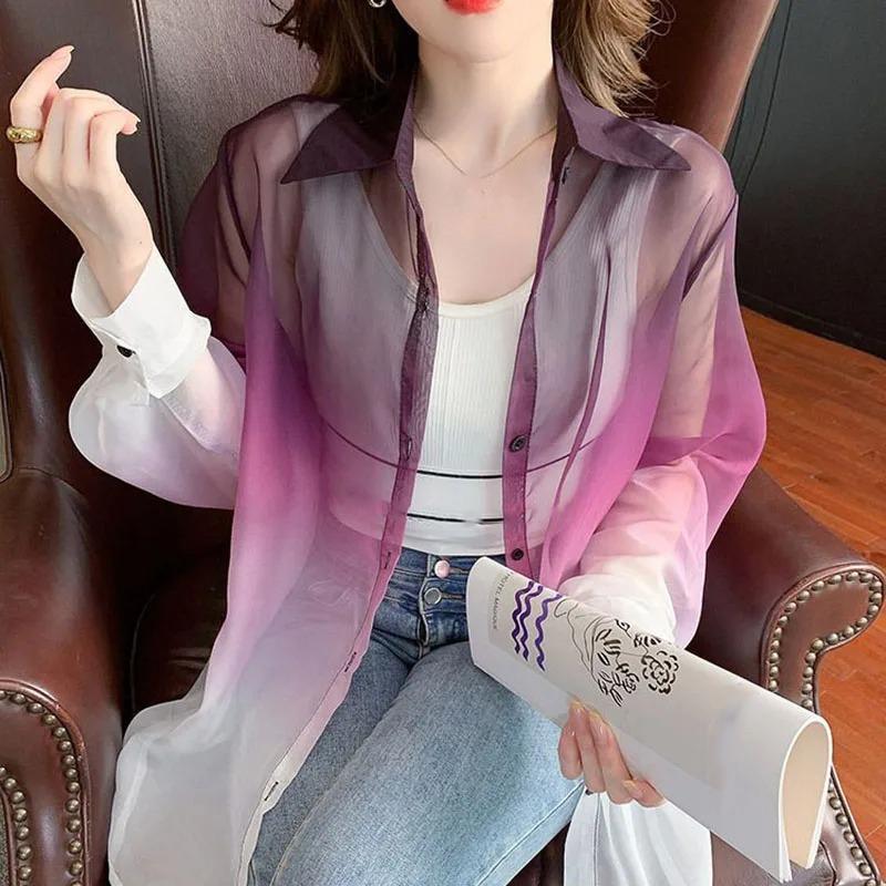 Fashion Color Shirt Women Summer Tie Dye Contrast Color Sun Protection Shirts Korean Streetwear Blouse S фуксия
