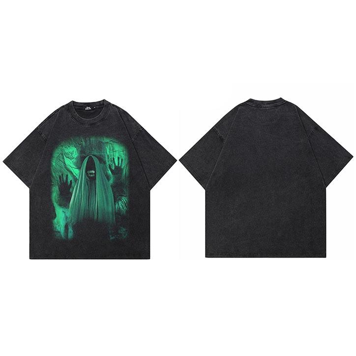 Hip Hop  Washed Black TShirt Streetwear Freak Devil Monster Graphic T Shirt Cotton Hipster Unisex Tshirt Men Tops Tees YK