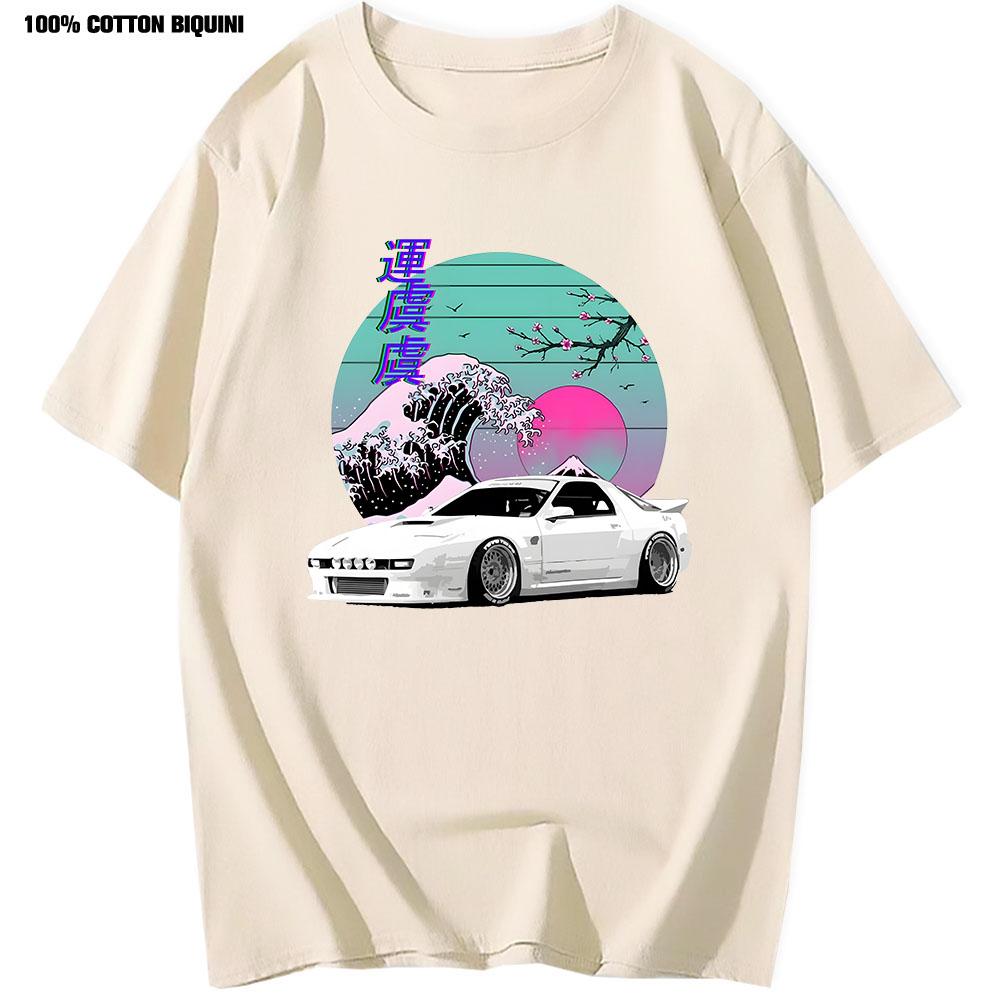 Anime T-shirt För Japansk Vaporwave JDM Legendbil RX7 Tryck T-shirts Harajuku Japanska Bilar Herr 100% Bomull Klassisk T-shirt